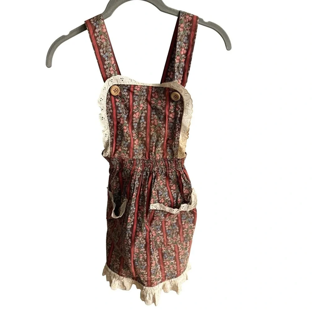 Antique Victorian Child Pinafore Apron – Floral Stripe Eyelet Lace Cottagecore